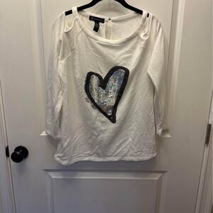 INC International Concepts White Top with Sequin Heart medium cold shoulder